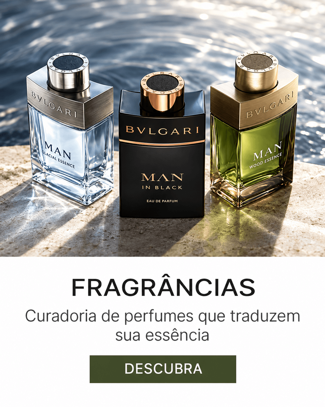Perfumes importados Bvlgari Man em diferentes fragrâncias, disponíveis na curadoria de perfumaria da lyb