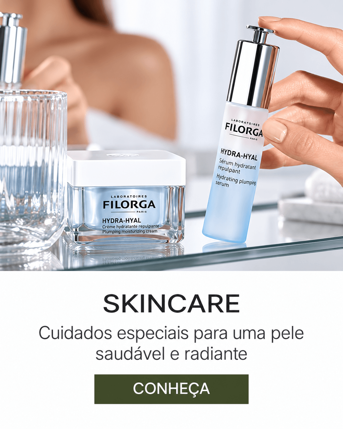 Produtos de skincare Filorga Hydra-Hyal, sérum e creme hidratante facial para cuidados com a pele, disponíveis na lyb