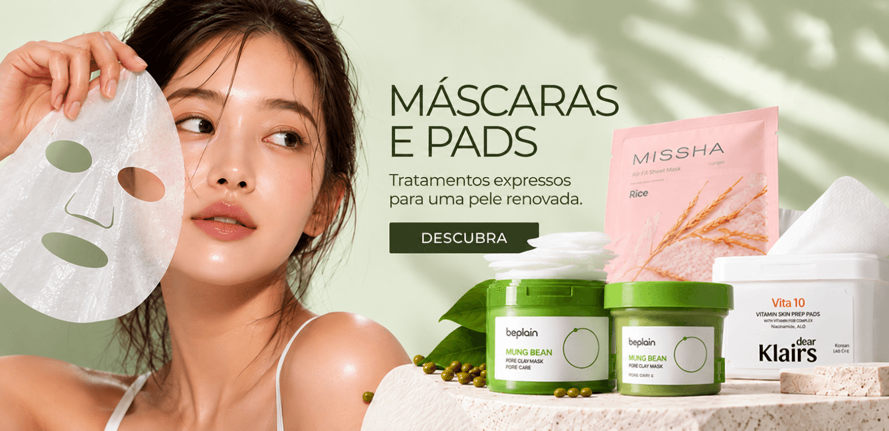 Máscaras faciais e pads coreanos K-Beauty na lyb, com produtos Beplain, Dear Klairs e Missha para cuidados com a pele